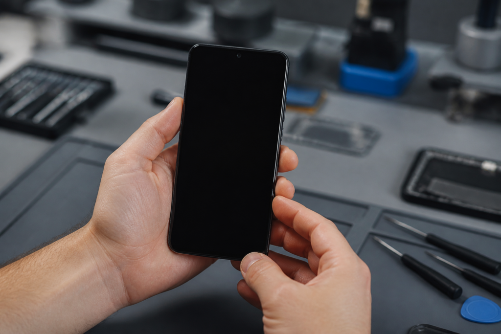 Persona sosteniendo un Moto G85 5G con la pantalla completamente negra