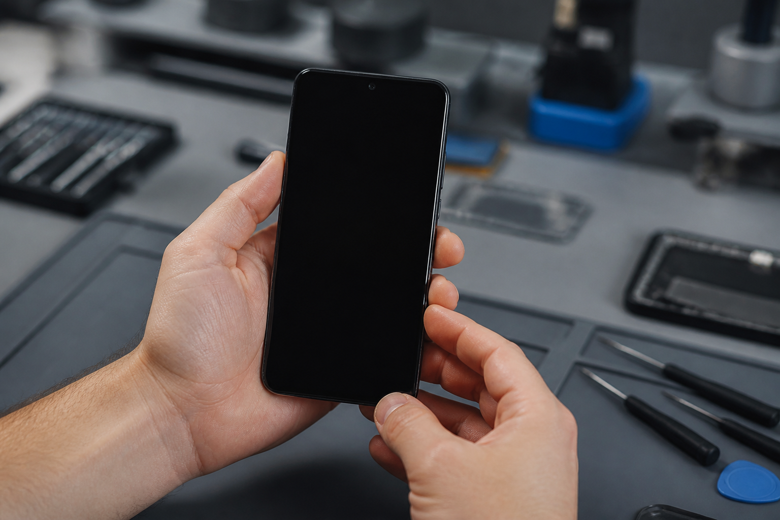 Persona sosteniendo un Moto G85 5G con la pantalla completamente negra