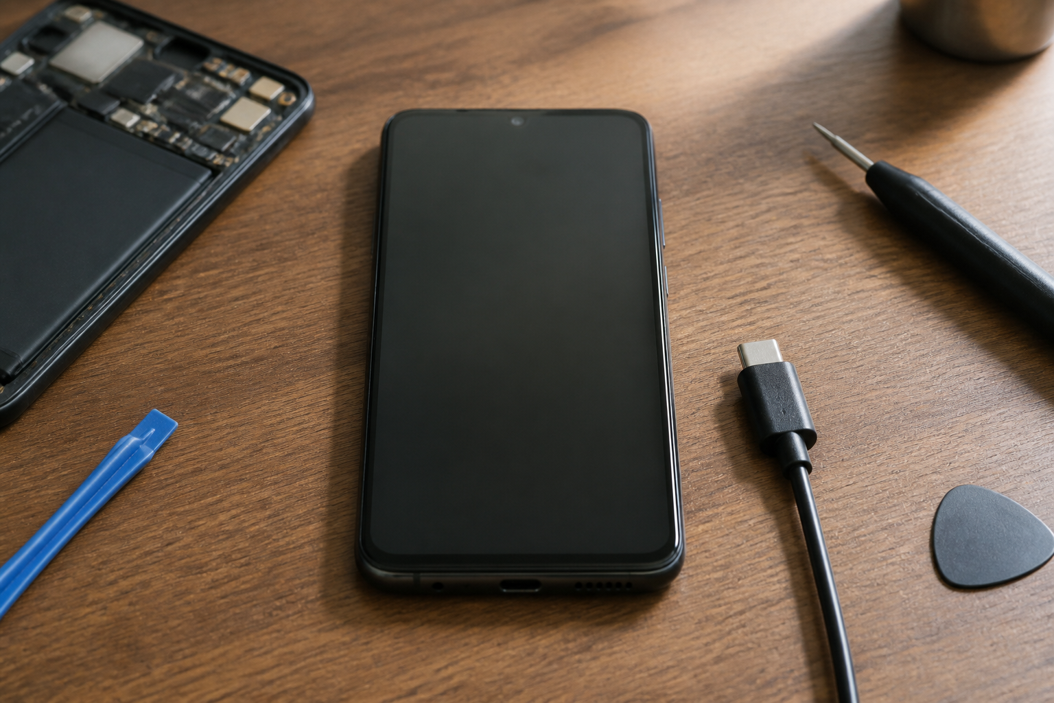 OnePlus 11 5G en el centro con cable USB-C ilustrando diagnóstico de batería o conector