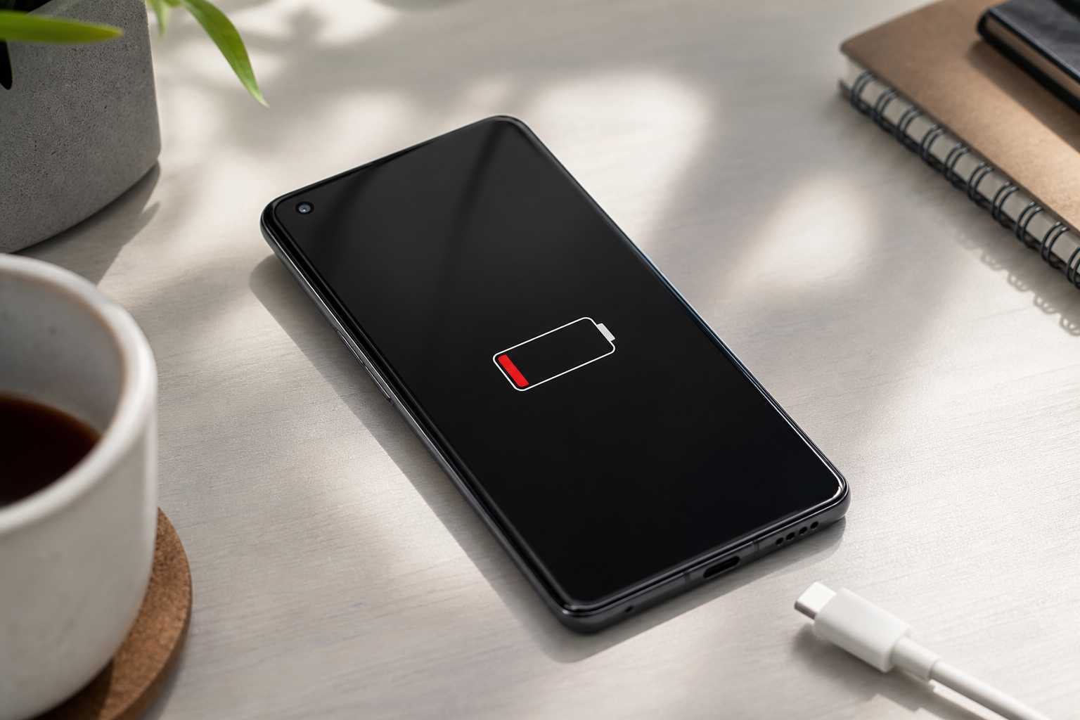 OnePlus 11 5G sobre una mesa con cable USB-C y batería baja