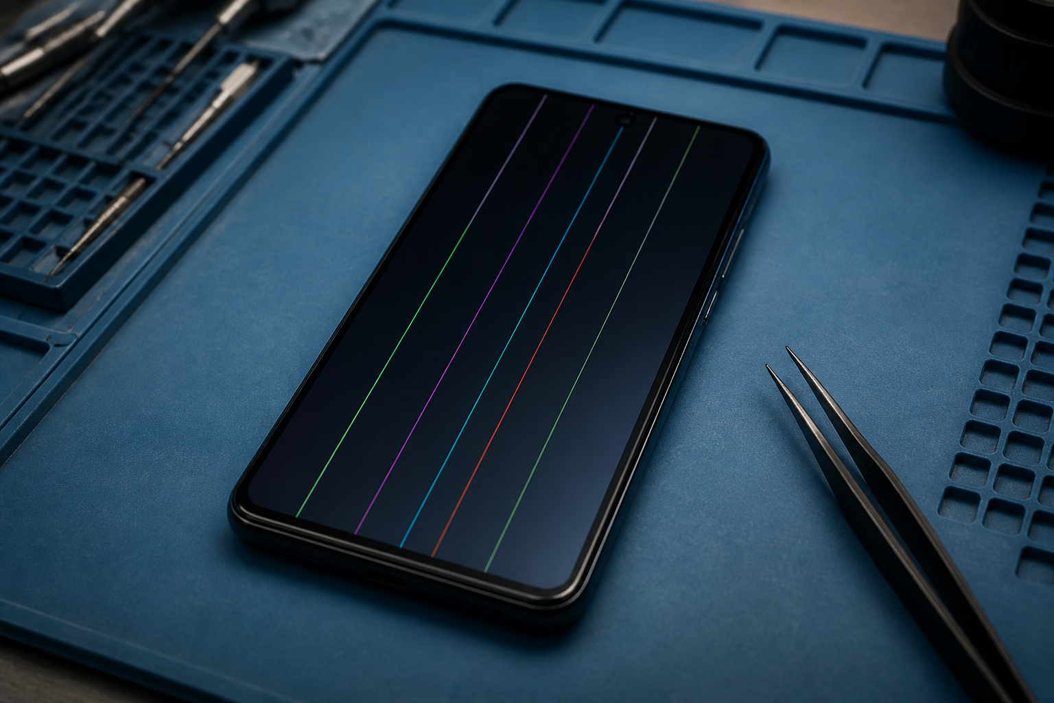 Pantalla de OnePlus 11 5G con líneas sobre esterilla de reparación