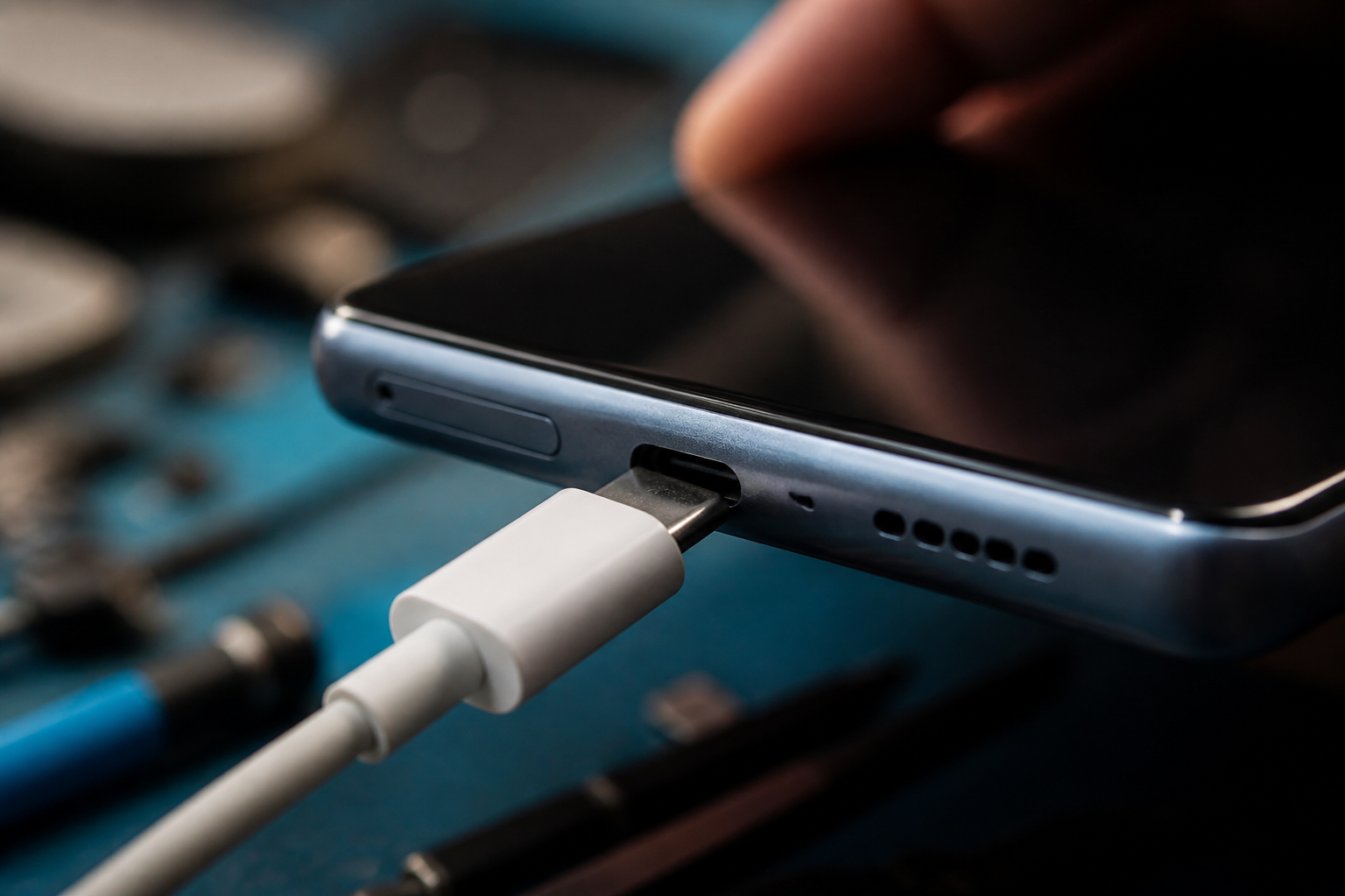 Detalle del puerto USB-C de un OnePlus 11 5G con cable de carga