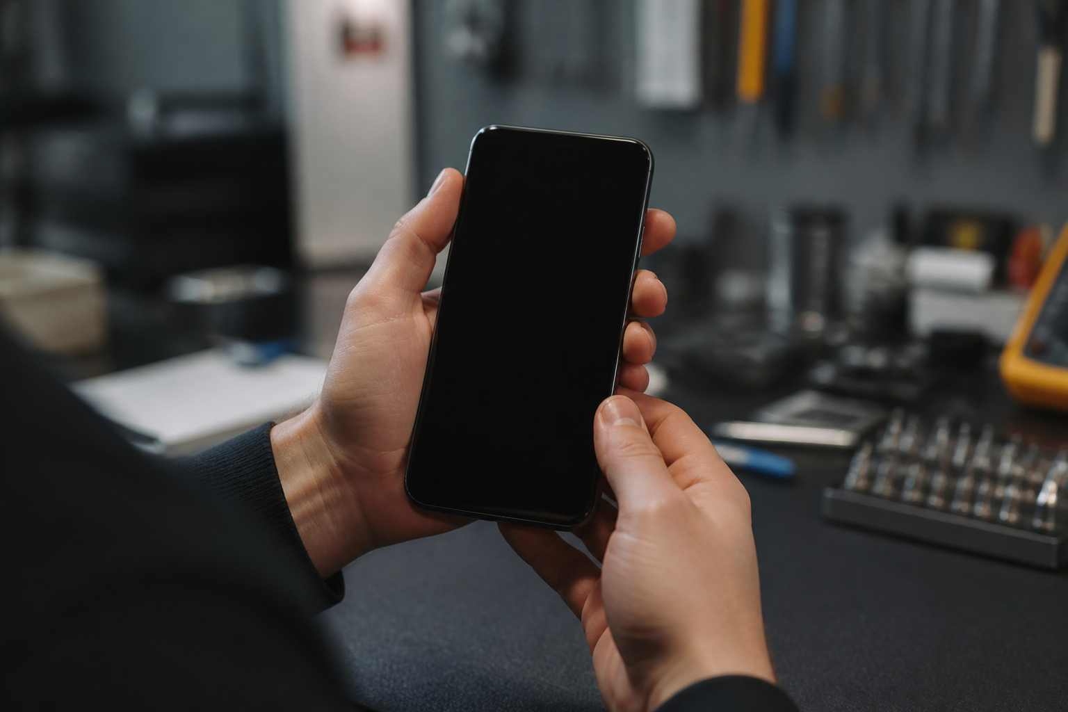 Persona sosteniendo un OnePlus 11 5G con la pantalla completamente negra