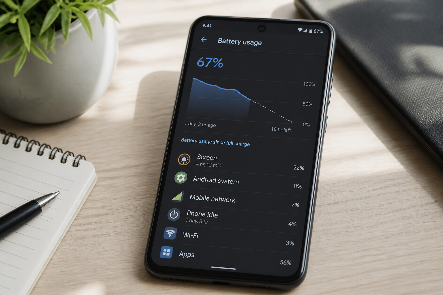 Pantalla de OnePlus 11 5G mostrando el uso de la batería en OxygenOS