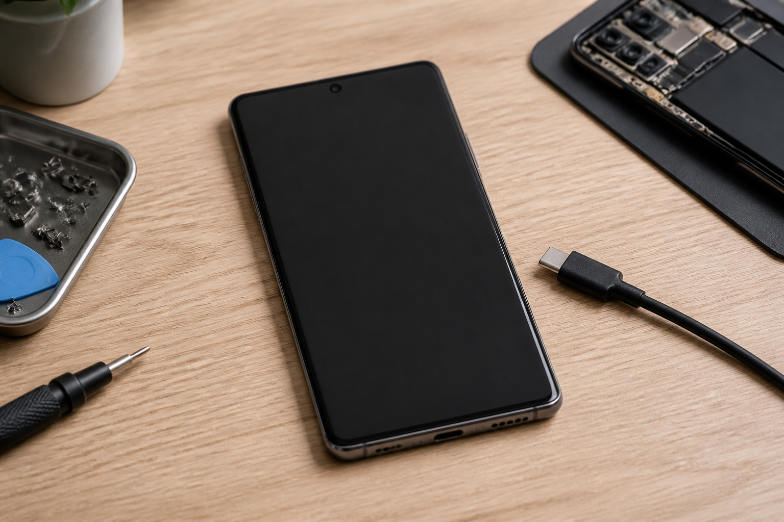 OnePlus 12 5G en el centro con cable USB-C ilustrando diagnóstico de batería o conector