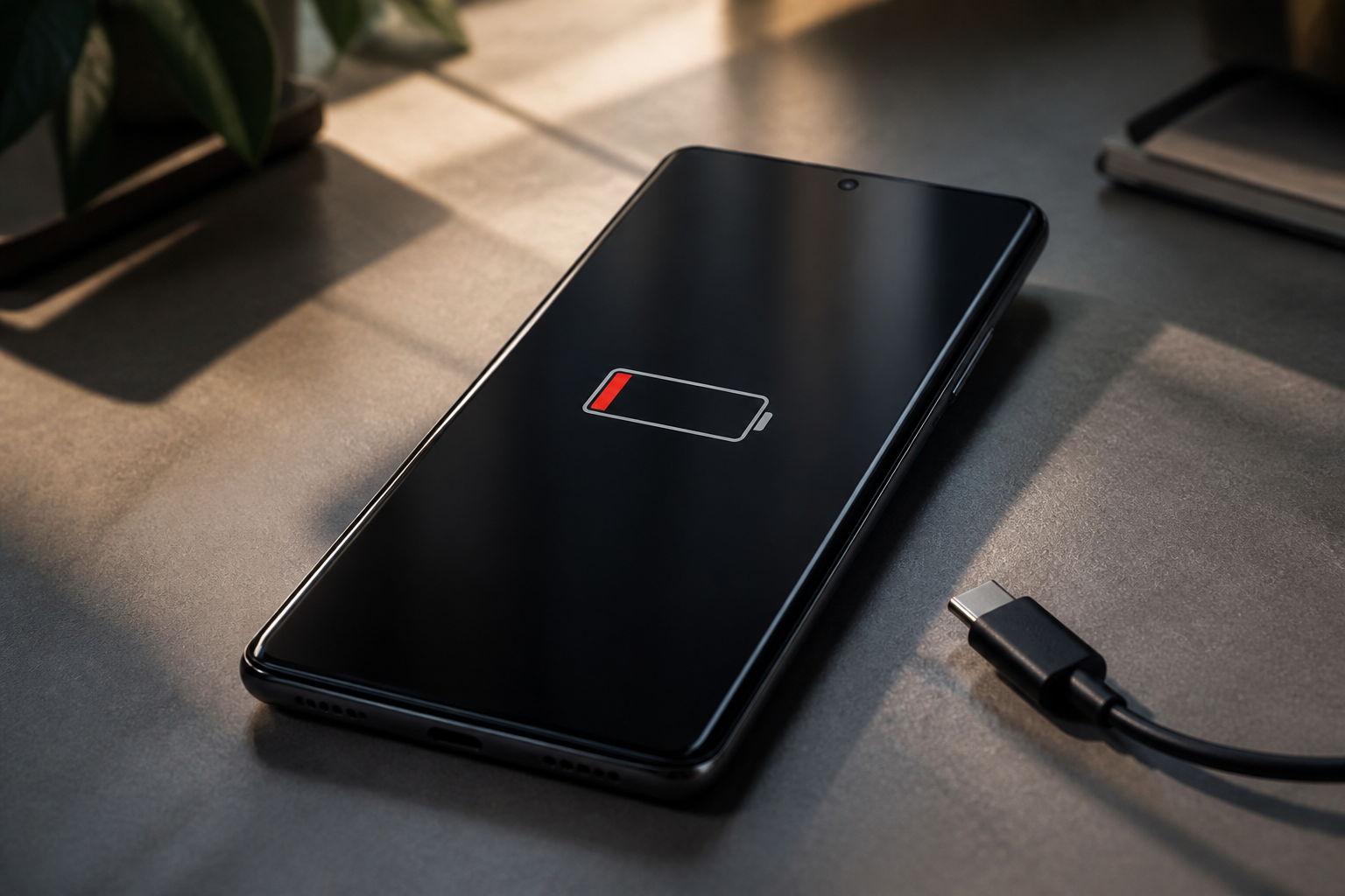 OnePlus 12 5G sobre una mesa con cable USB-C y batería baja