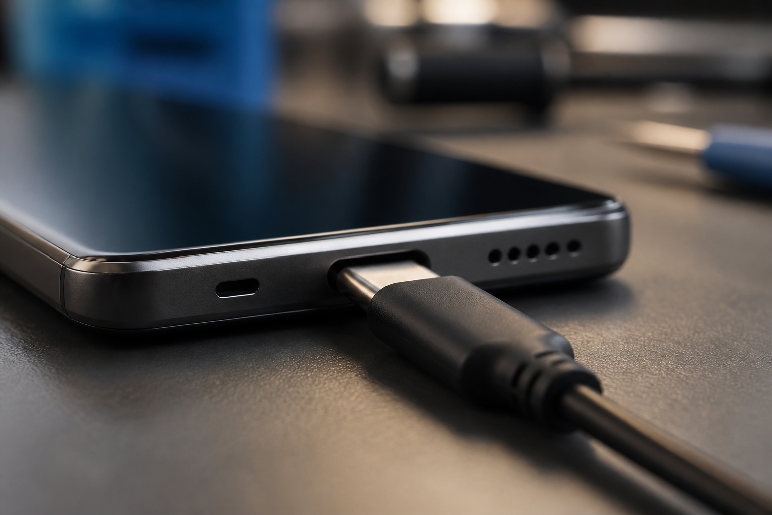 Detalle del puerto USB-C de un OnePlus 12 5G con cable de carga