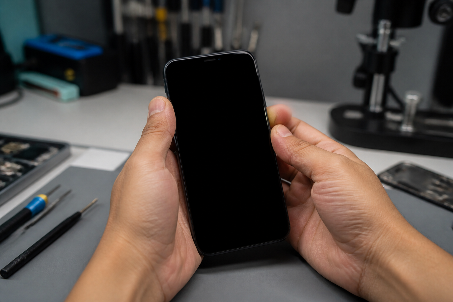 Persona sosteniendo un OnePlus 12 5G con la pantalla completamente negra