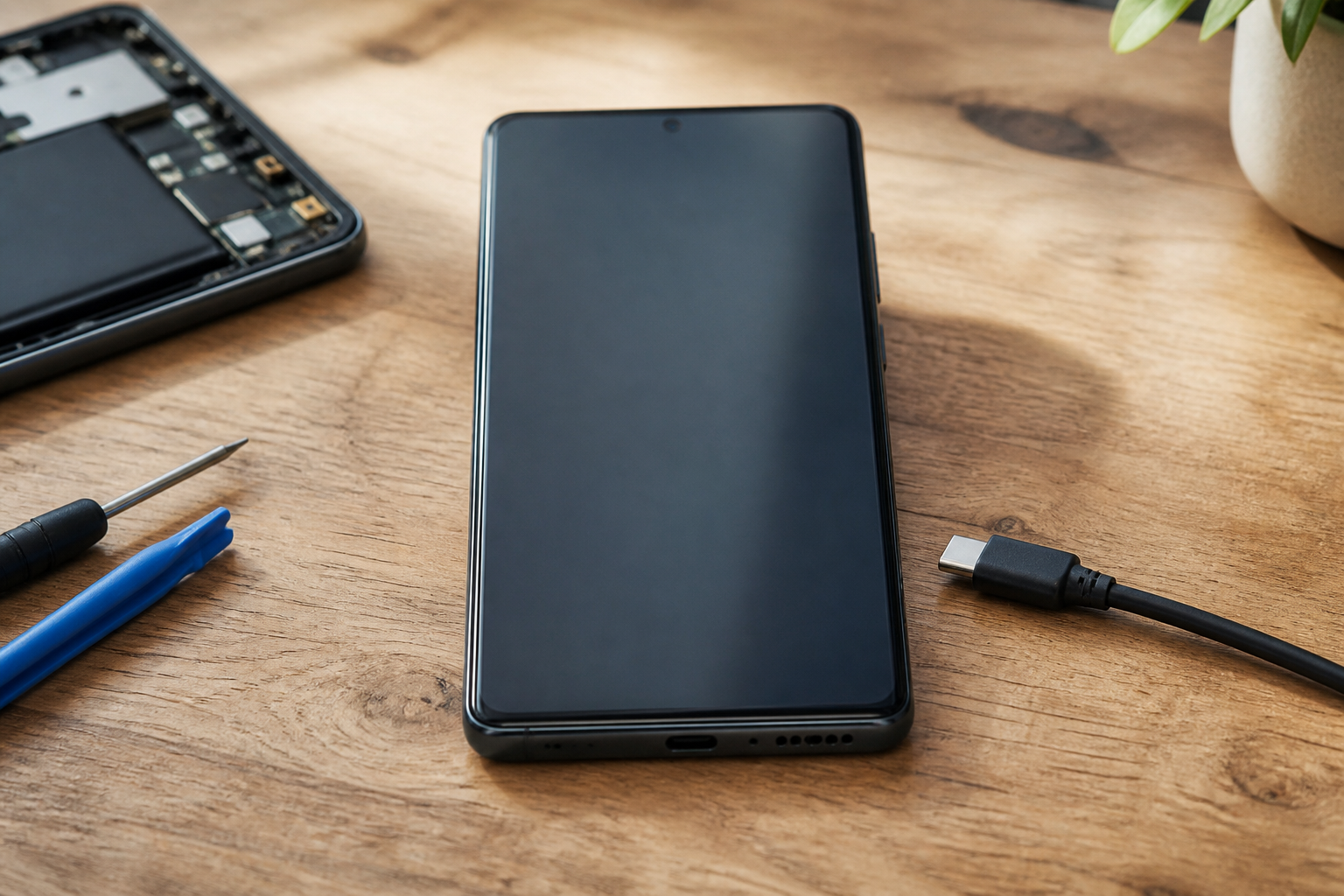 OnePlus 13 en el centro con cable USB-C ilustrando diagnóstico de batería o conector