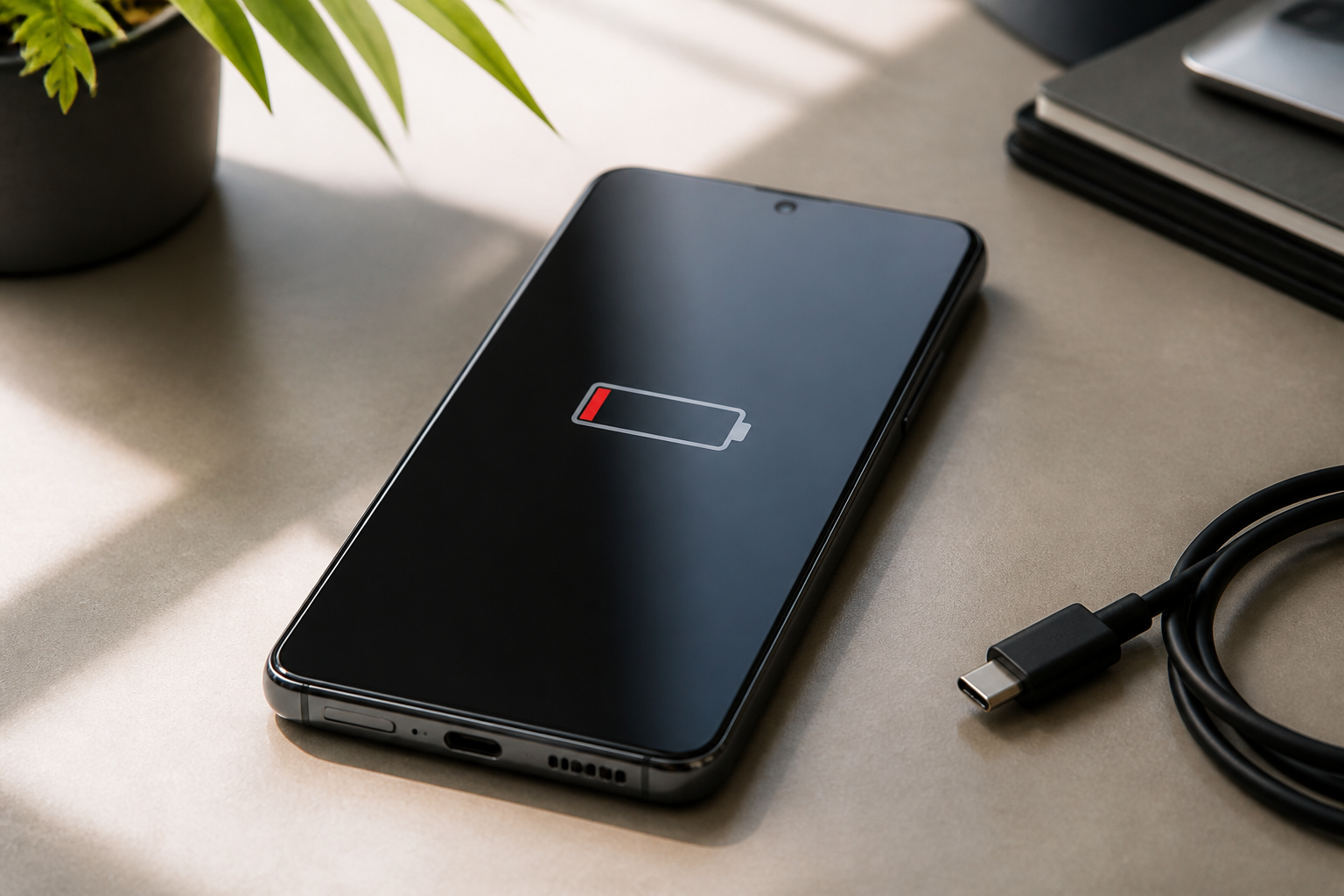 OnePlus 13 sobre una mesa con cable USB-C y batería baja