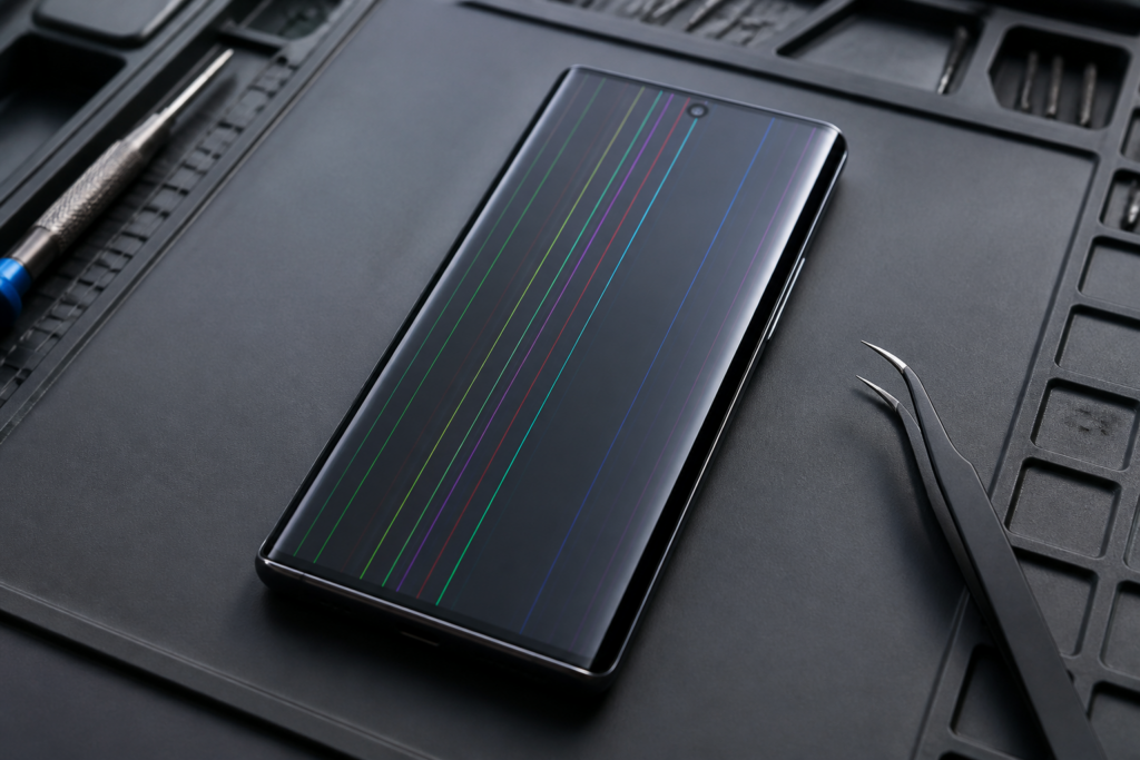 Pantalla de OnePlus 13 con líneas sobre esterilla de reparación