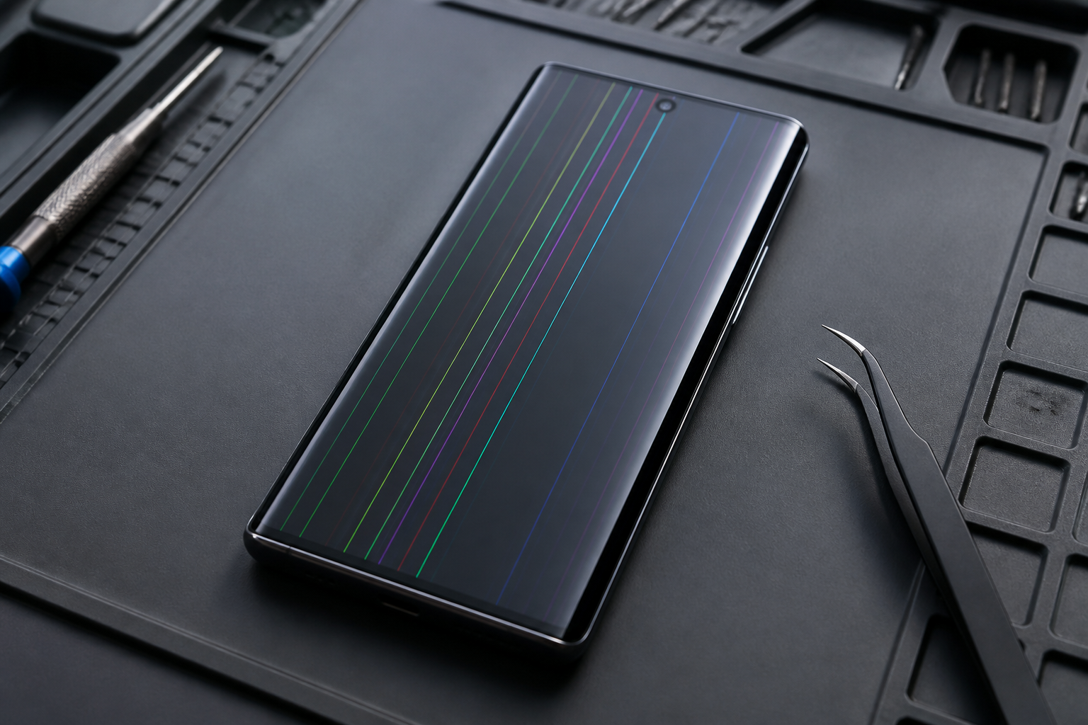 Pantalla de OnePlus 13 con líneas sobre esterilla de reparación