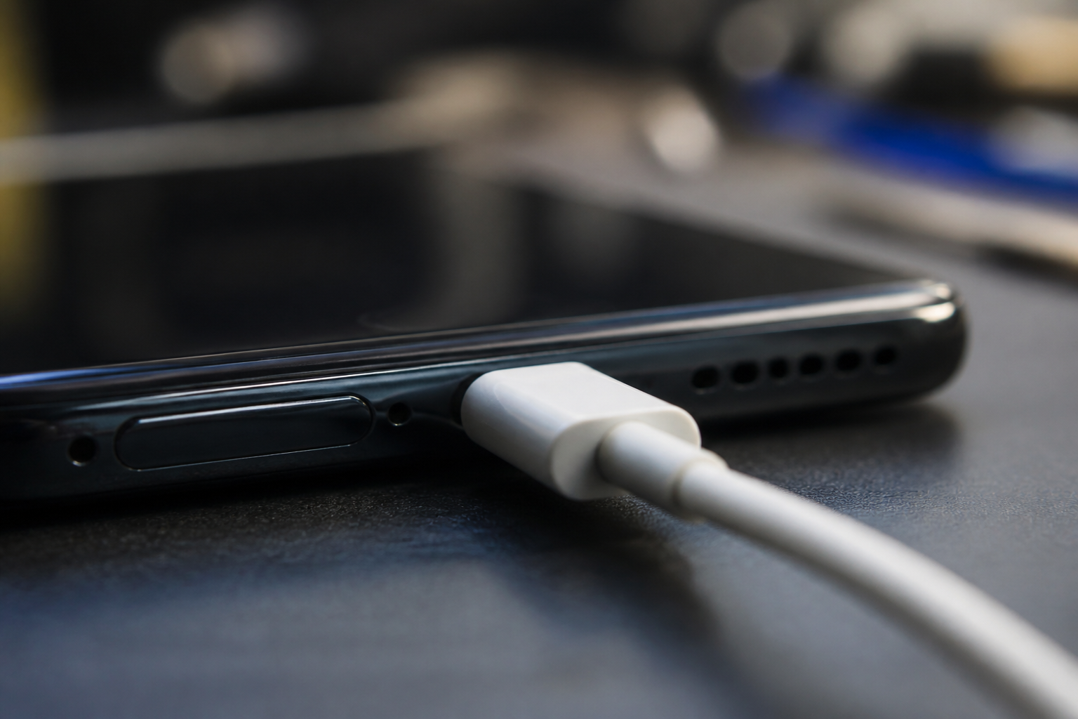 Detalle del puerto USB-C de un OnePlus 13 con cable de carga