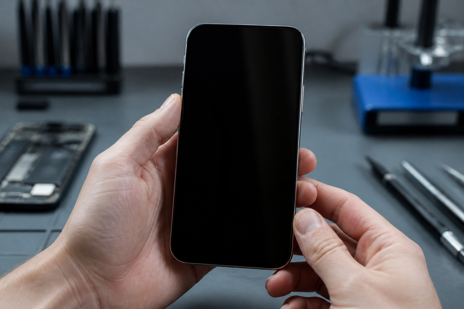 Persona sosteniendo un OnePlus 13 con la pantalla completamente negra
