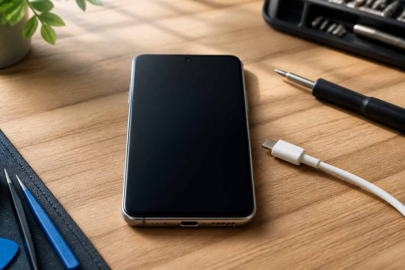 OnePlus 13R en el centro con cable USB-C ilustrando diagnóstico de batería o conector
