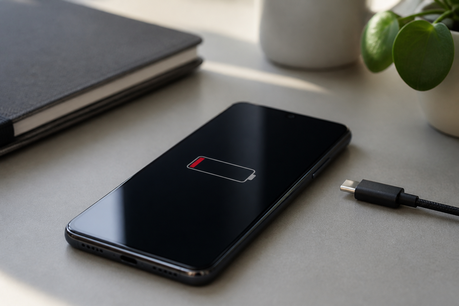 OnePlus 13R sobre una mesa con cable USB-C y batería baja