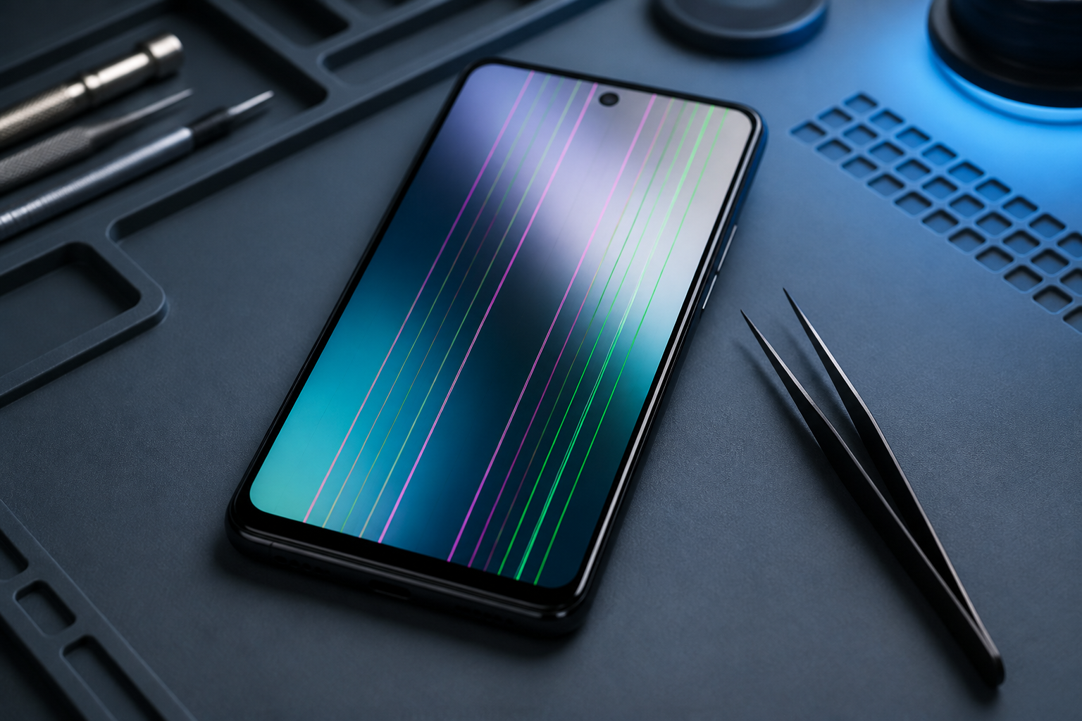 Pantalla de OnePlus 13R con líneas sobre esterilla de reparación