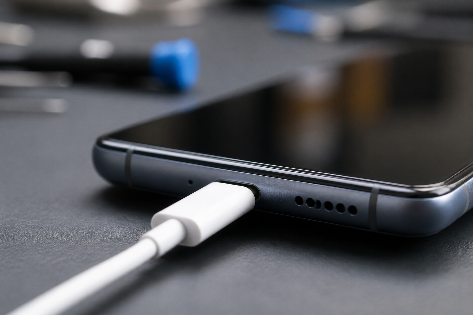 Detalle del puerto USB-C de un OnePlus 13R con cable de carga