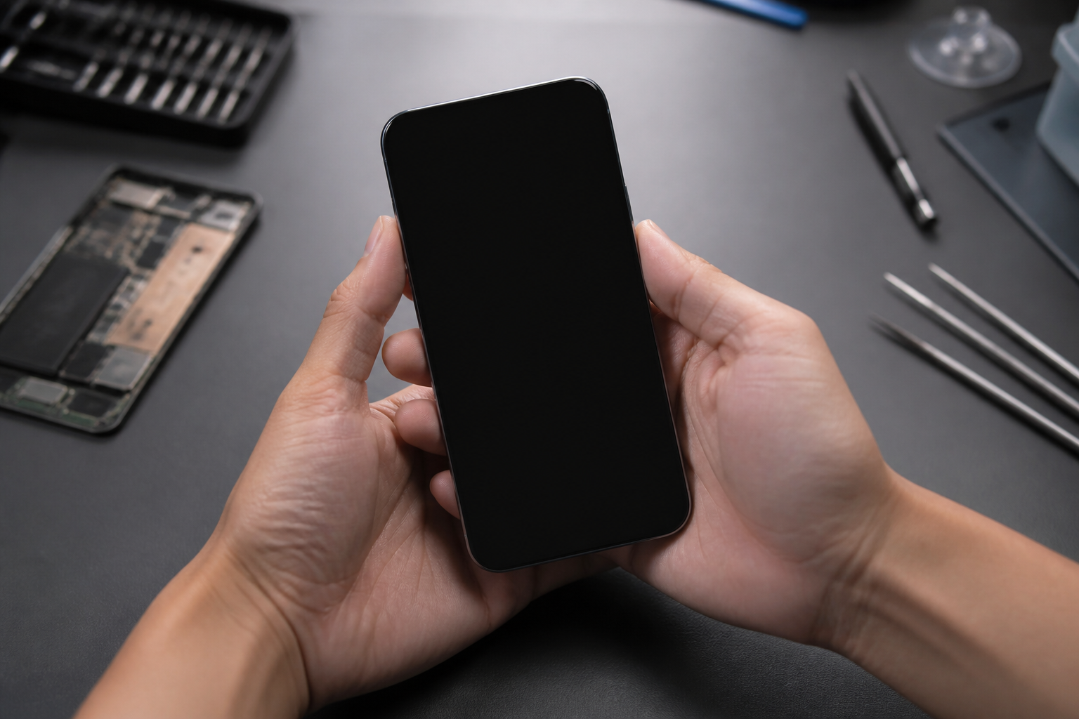 Persona sosteniendo un OnePlus 13R con la pantalla completamente negra