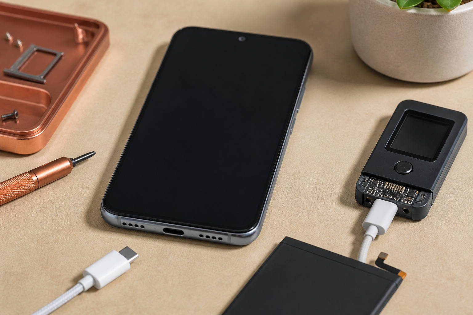 OPPO A60 5G en el centro con cable USB-C ilustrando diagnóstico de batería o conector