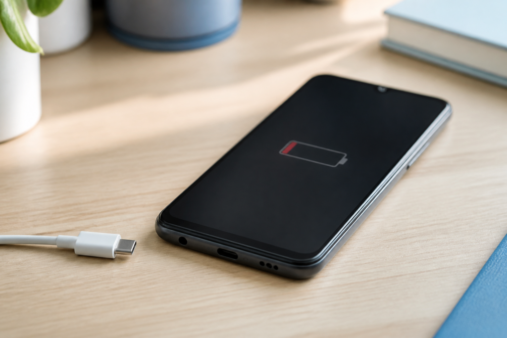 OPPO A60 5G sobre una mesa con cable USB-C y batería baja