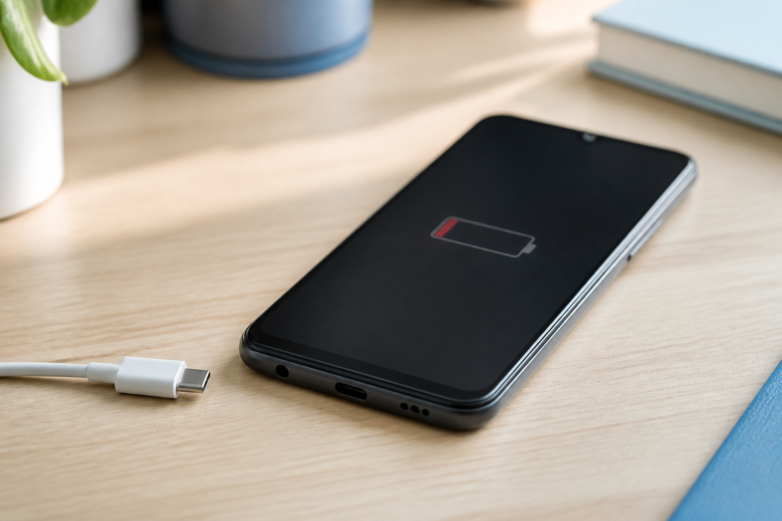 OPPO A60 5G sobre una mesa con cable USB-C y batería baja