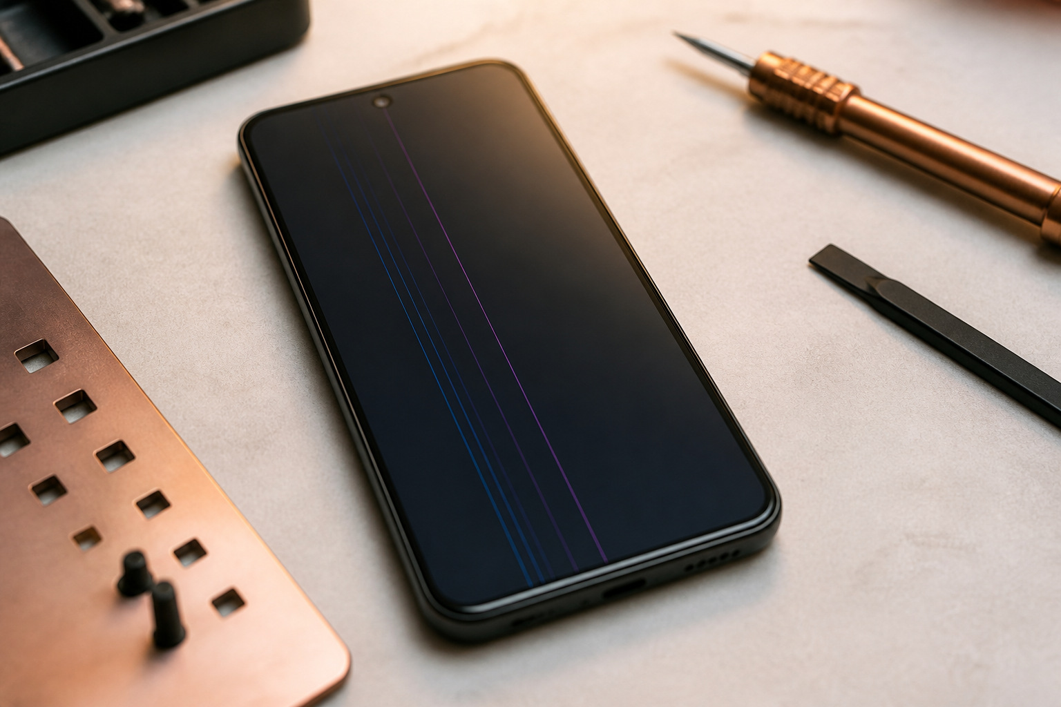 Pantalla de OPPO A60 5G con líneas sobre esterilla de reparación