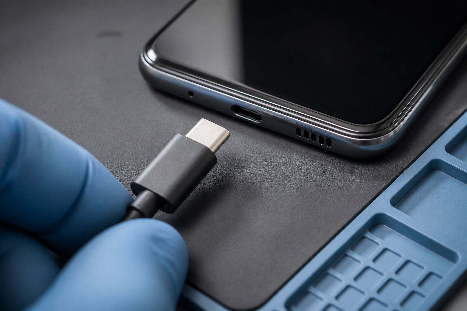 Detalle del puerto USB-C de un OPPO A60 5G con cable de carga
