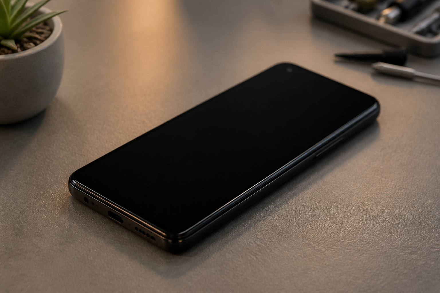 Persona sosteniendo un OPPO A60 5G con la pantalla completamente negra