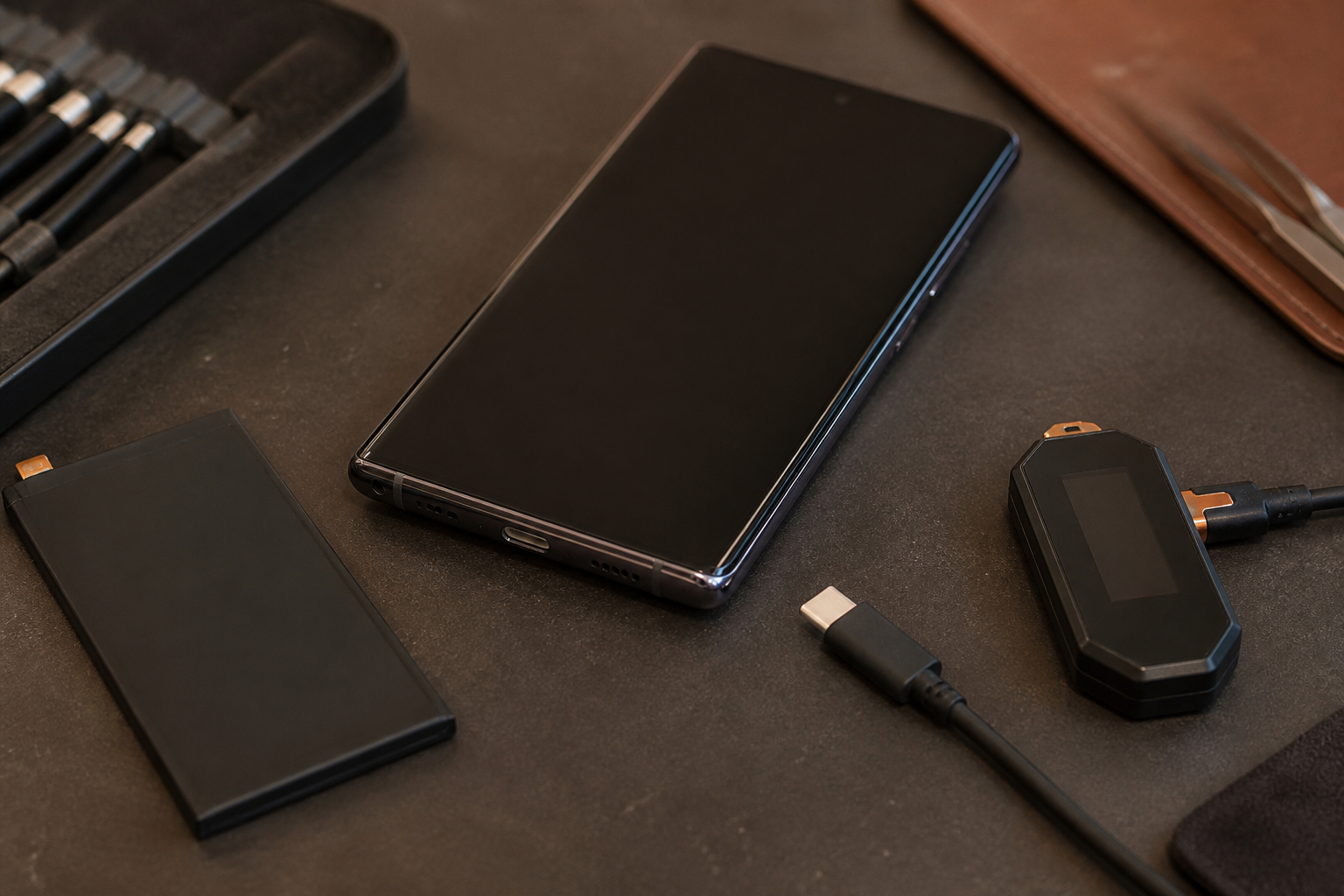 OPPO Find X5 Pro 5G en el centro con cable USB-C ilustrando diagnóstico de batería o conector
