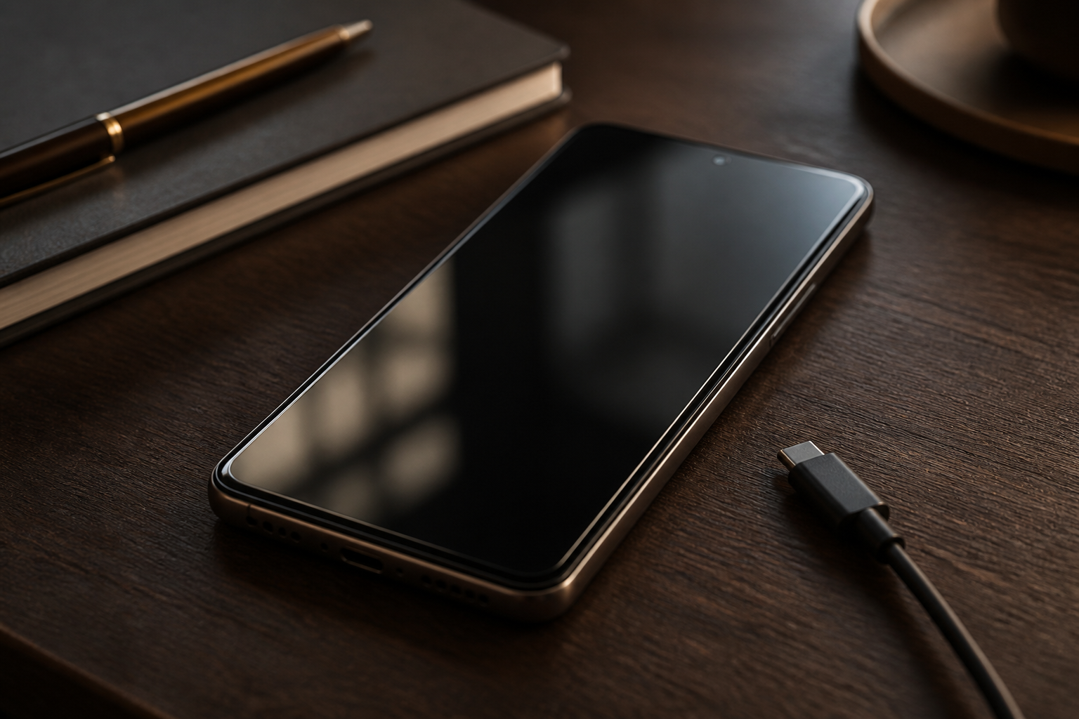 OPPO Find X5 Pro 5G sobre una mesa con cable USB-C y batería baja