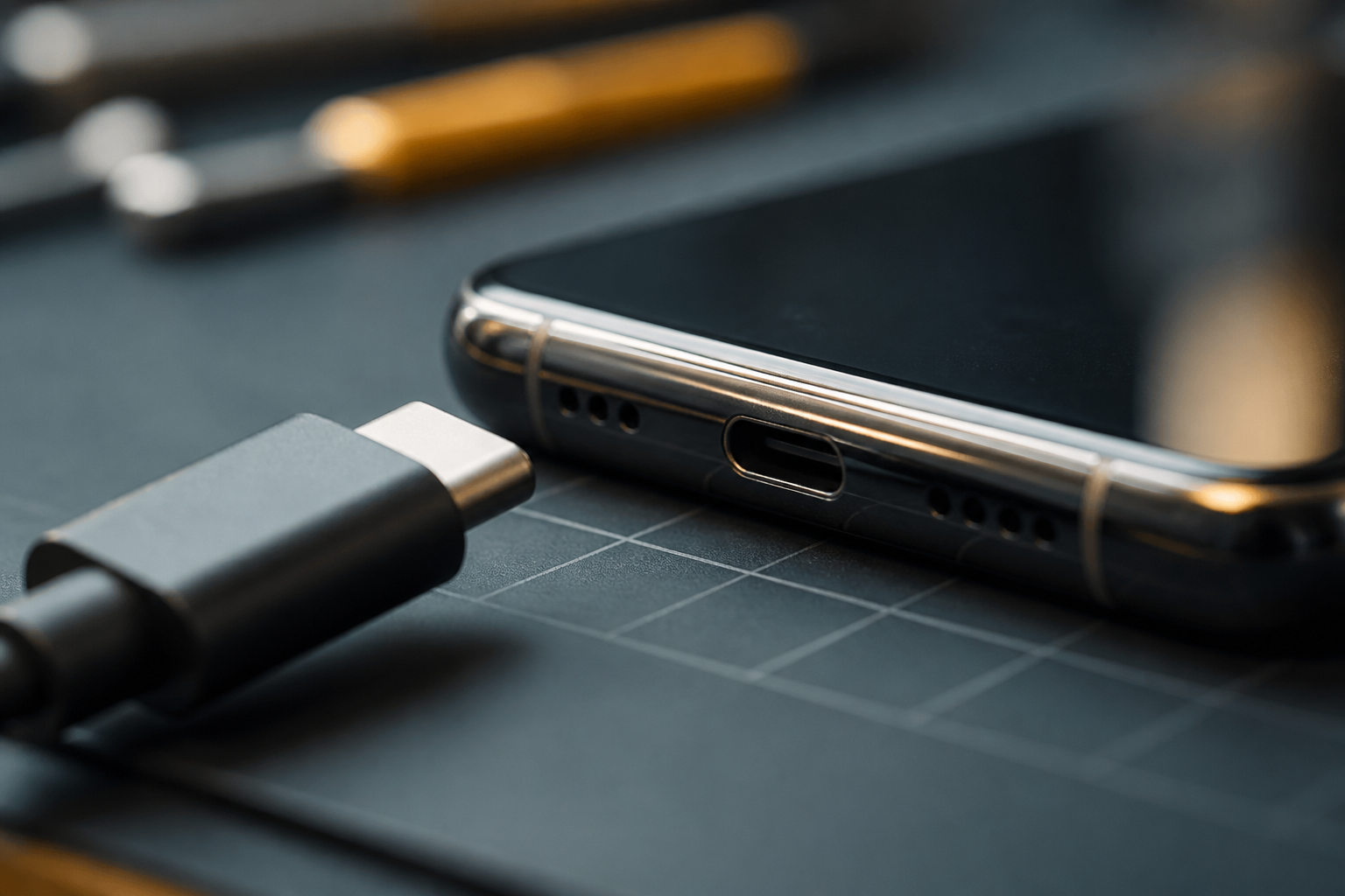 Detalle del puerto USB-C de un OPPO Find X5 Pro 5G con cable de carga