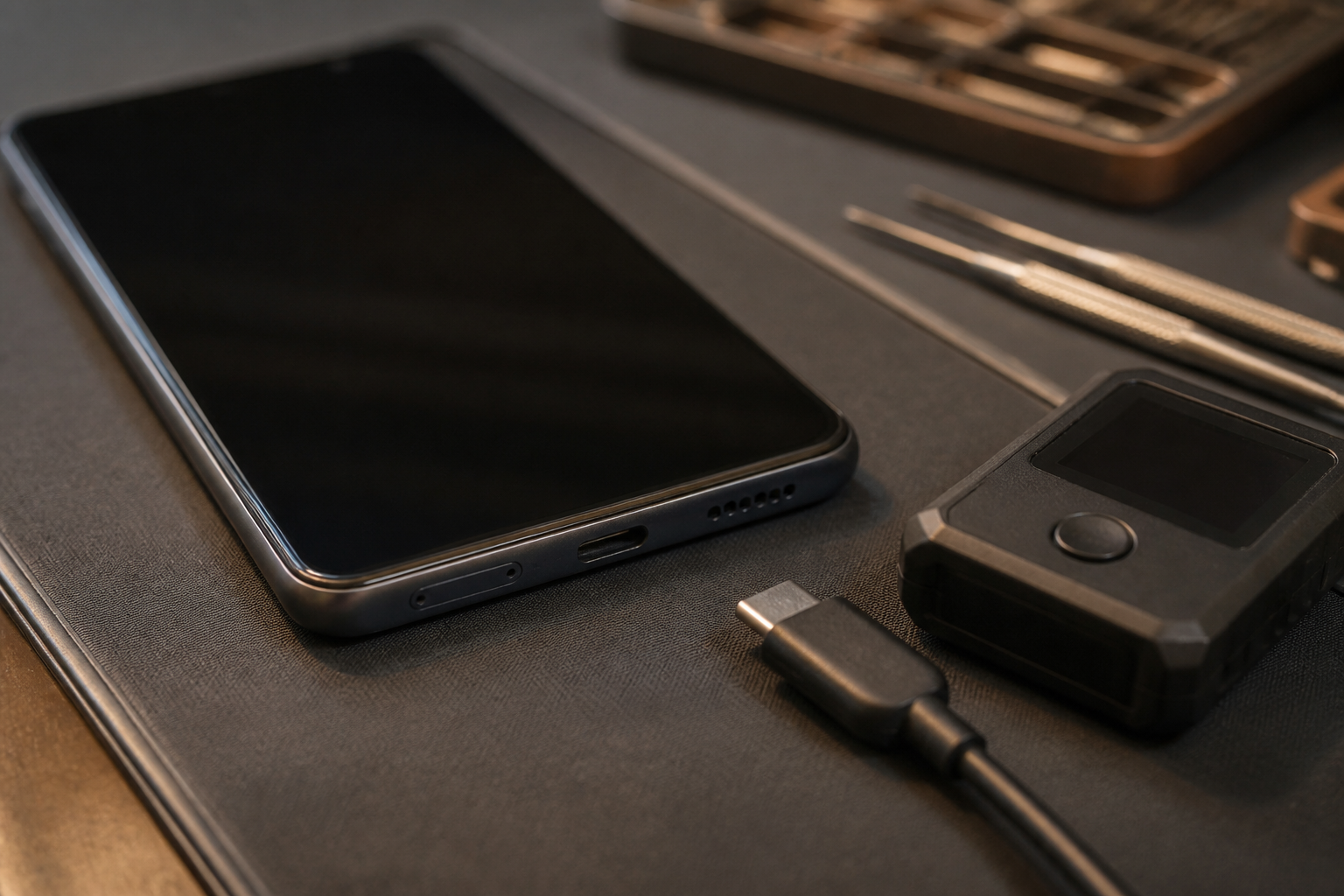 OPPO Find X6 en el centro con cable USB-C ilustrando diagnóstico de batería o conector