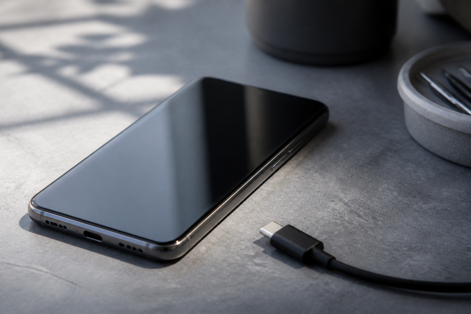 OPPO Find X6 sobre una mesa con cable USB-C y batería baja