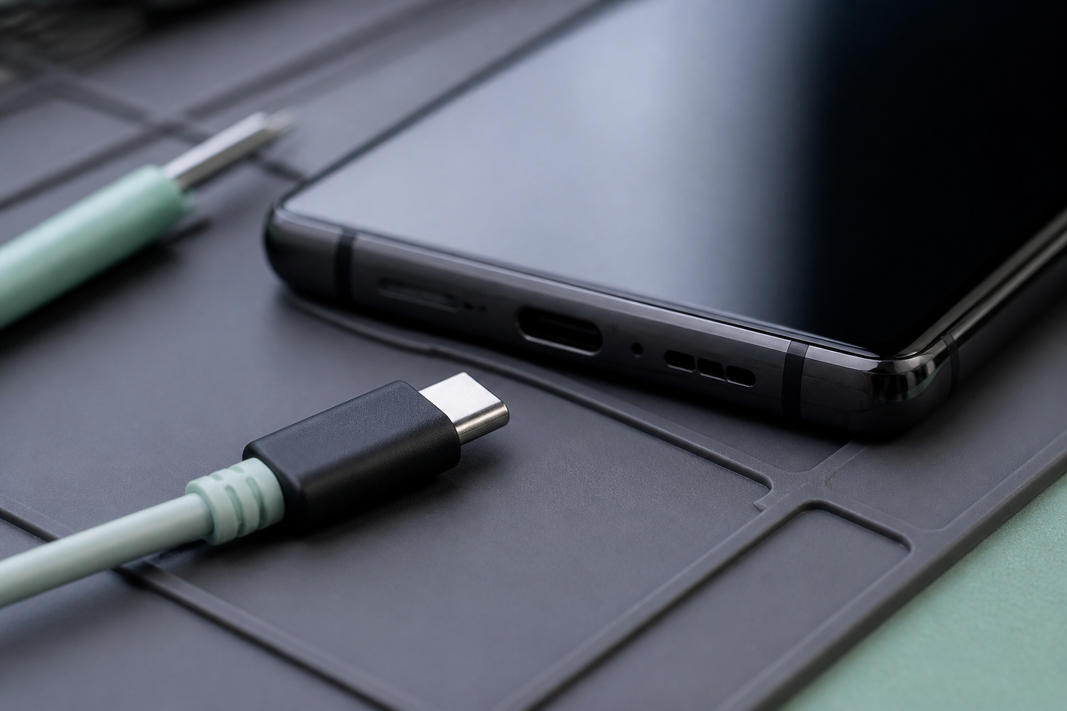 Detalle del puerto USB-C de un OPPO Find X6 con cable de carga