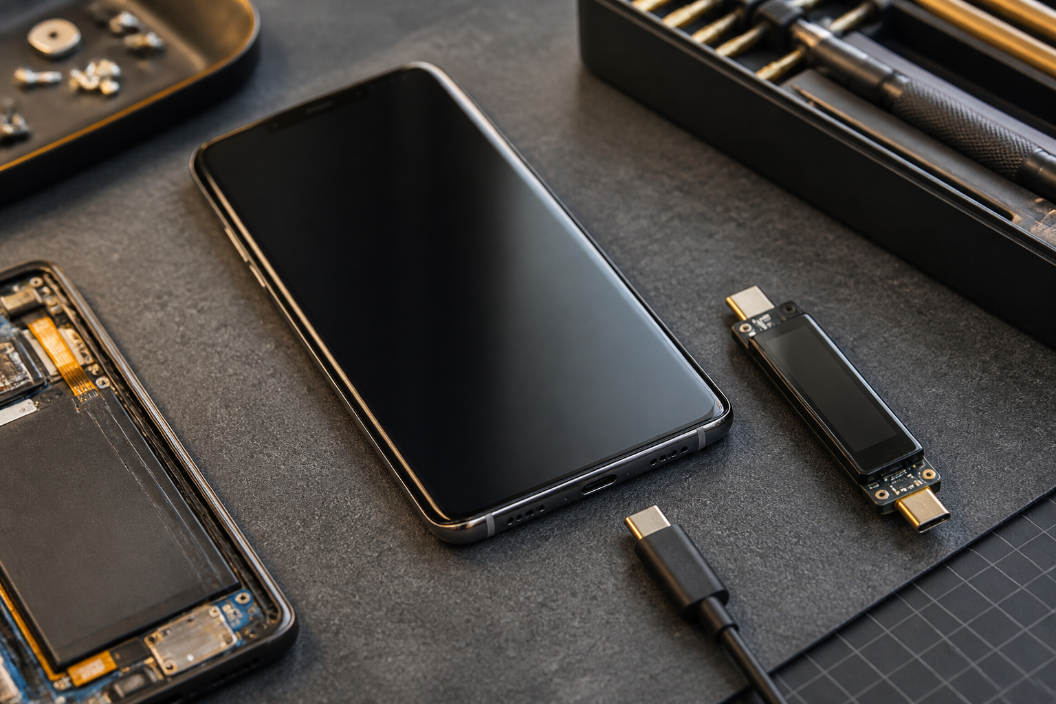 OPPO Find X8 Pro en el centro con cable USB-C ilustrando diagnóstico de batería o conector