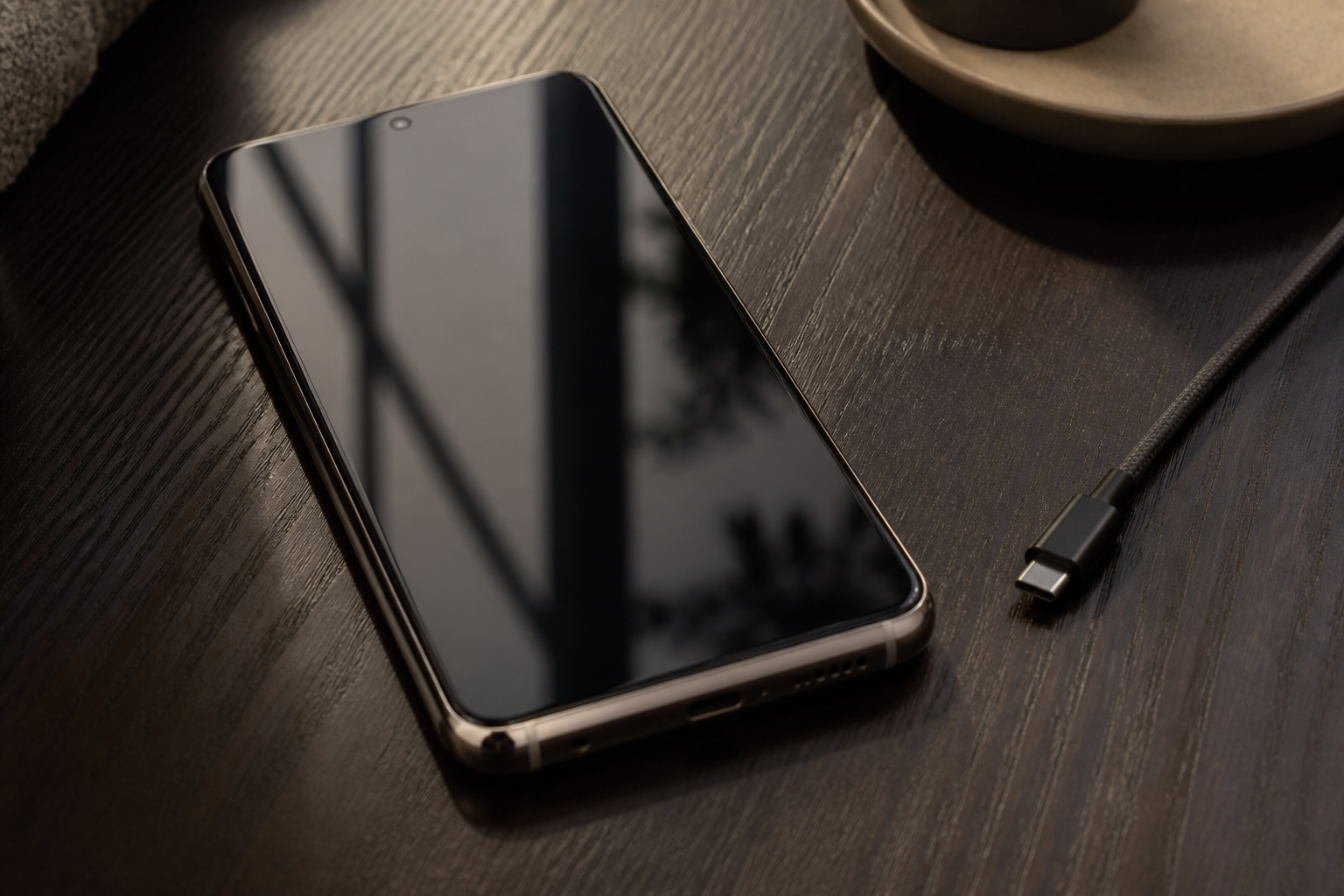 OPPO Find X8 Pro sobre una mesa con cable USB-C y batería baja