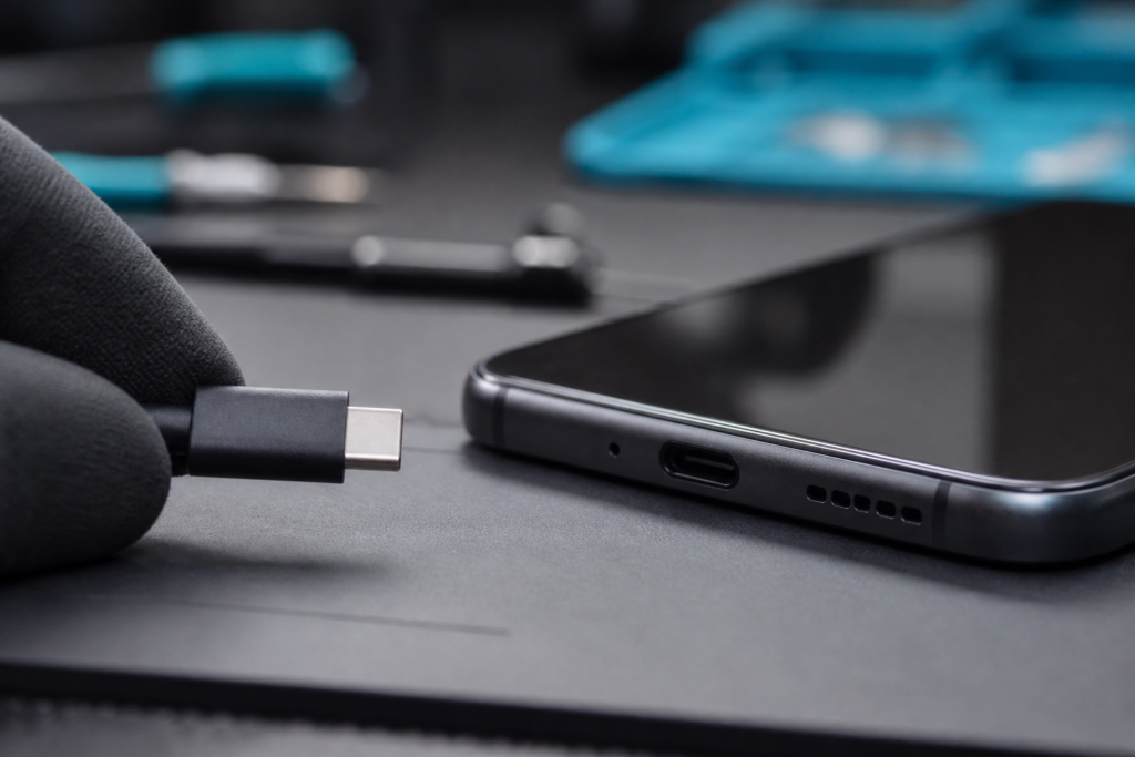 Detalle del puerto USB-C de un OPPO Find X8 Pro con cable de carga
