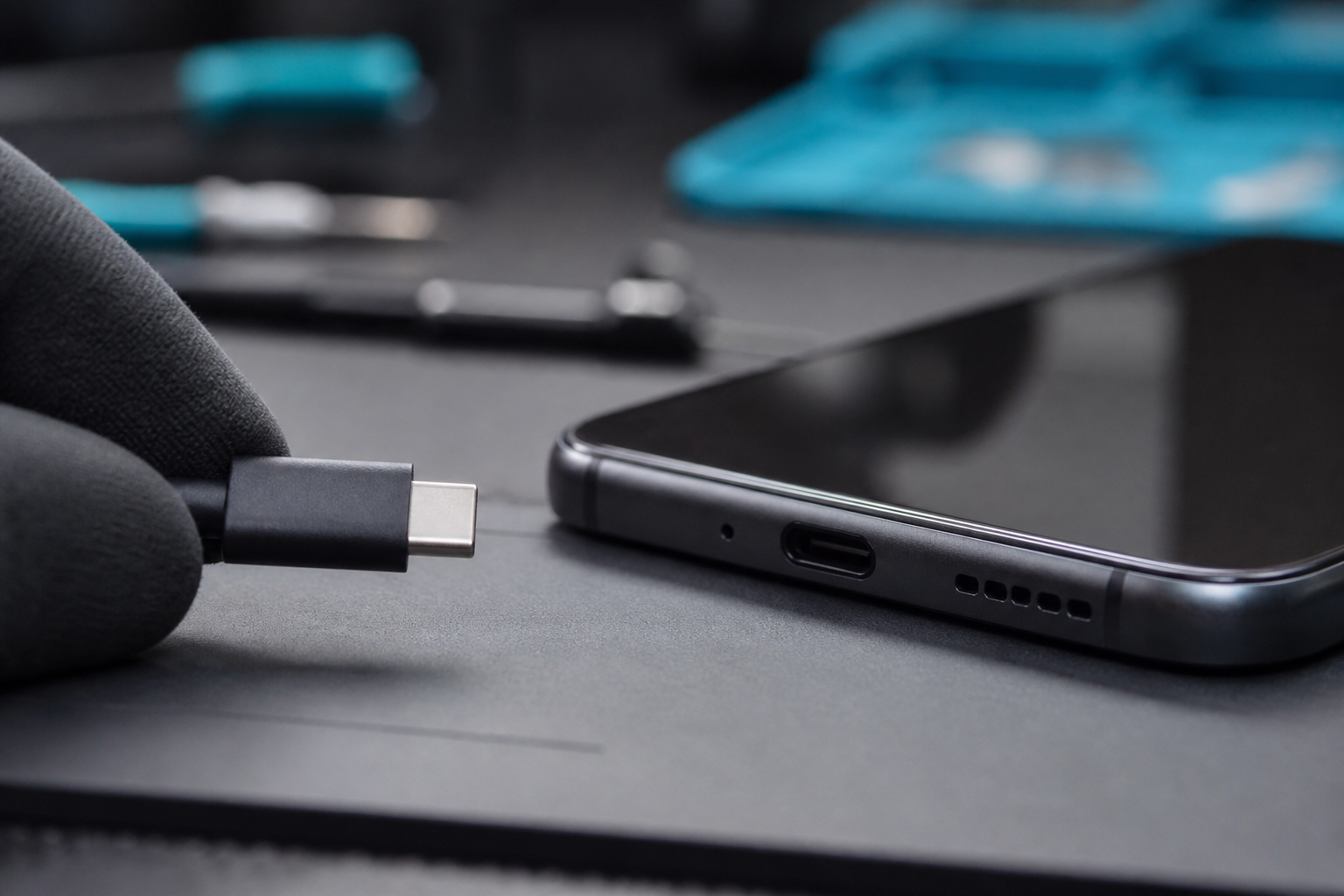 Detalle del puerto USB-C de un OPPO Find X8 Pro con cable de carga