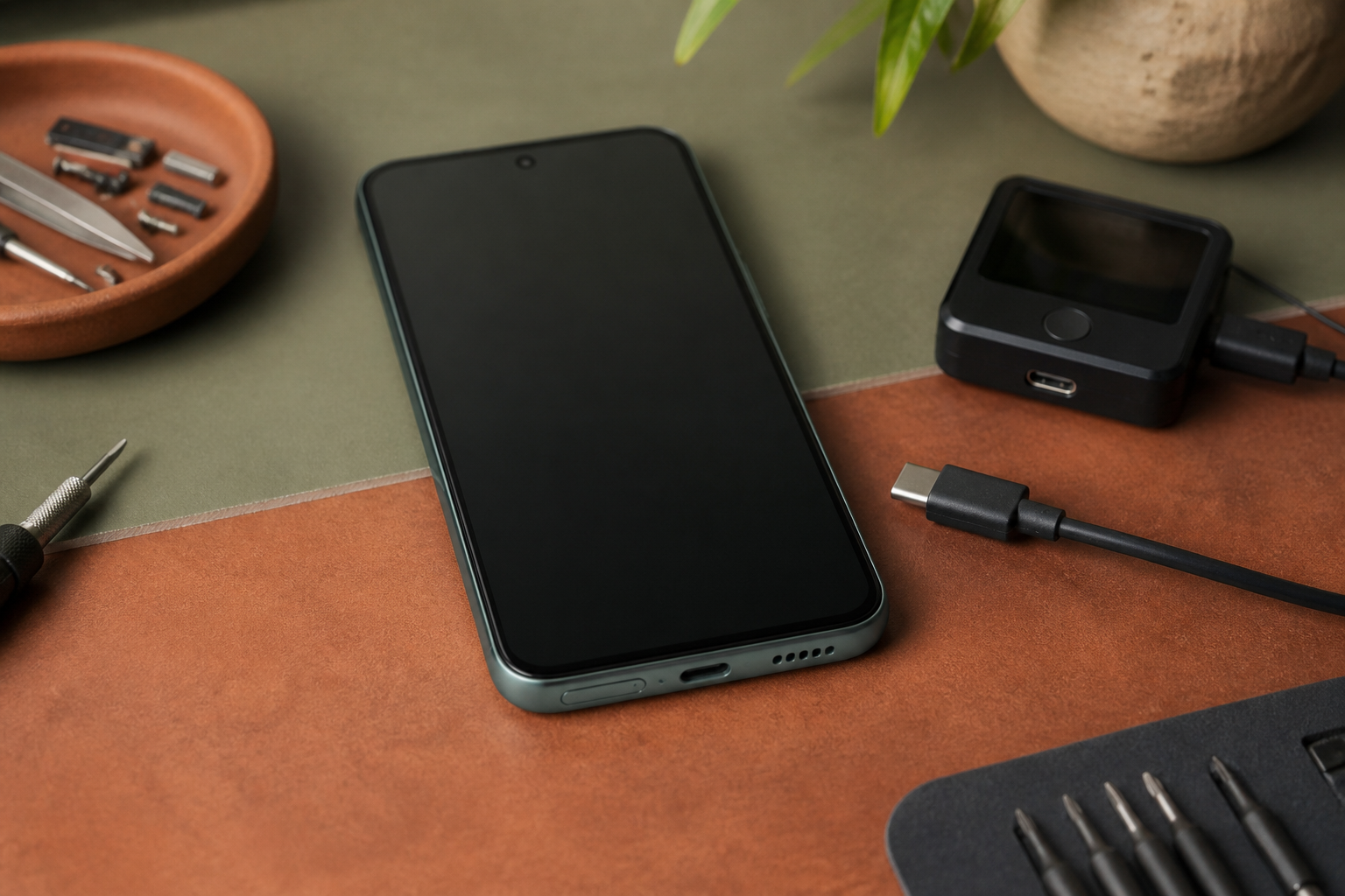 OPPO Reno 12 FS en el centro con cable USB-C ilustrando diagnóstico de batería o conector