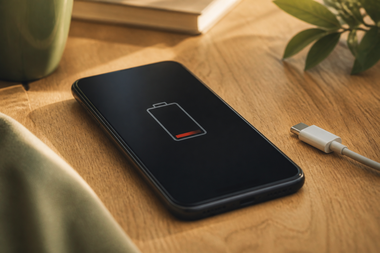 OPPO Reno 12 FS sobre una mesa con cable USB-C y batería baja
