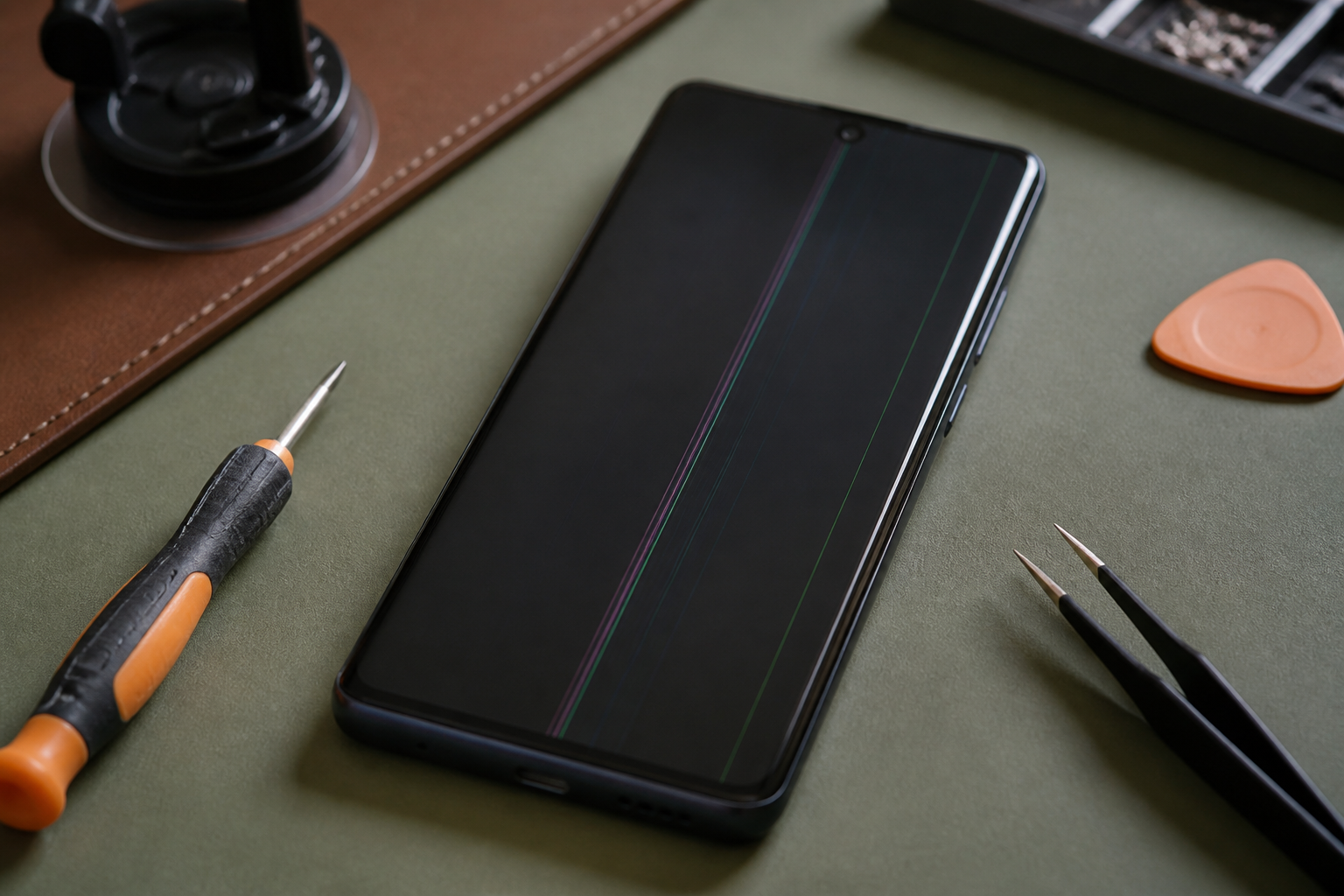 Pantalla de OPPO Reno 12 FS con líneas sobre esterilla de reparación