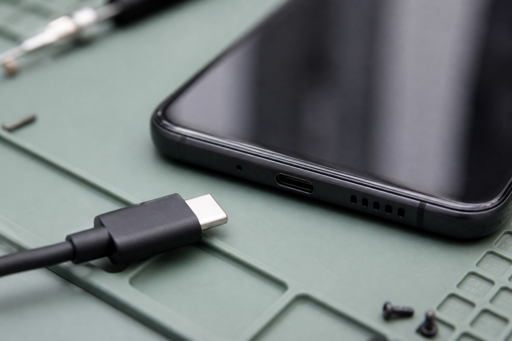 Detalle del puerto USB-C de un OPPO Reno 12 FS con cable de carga