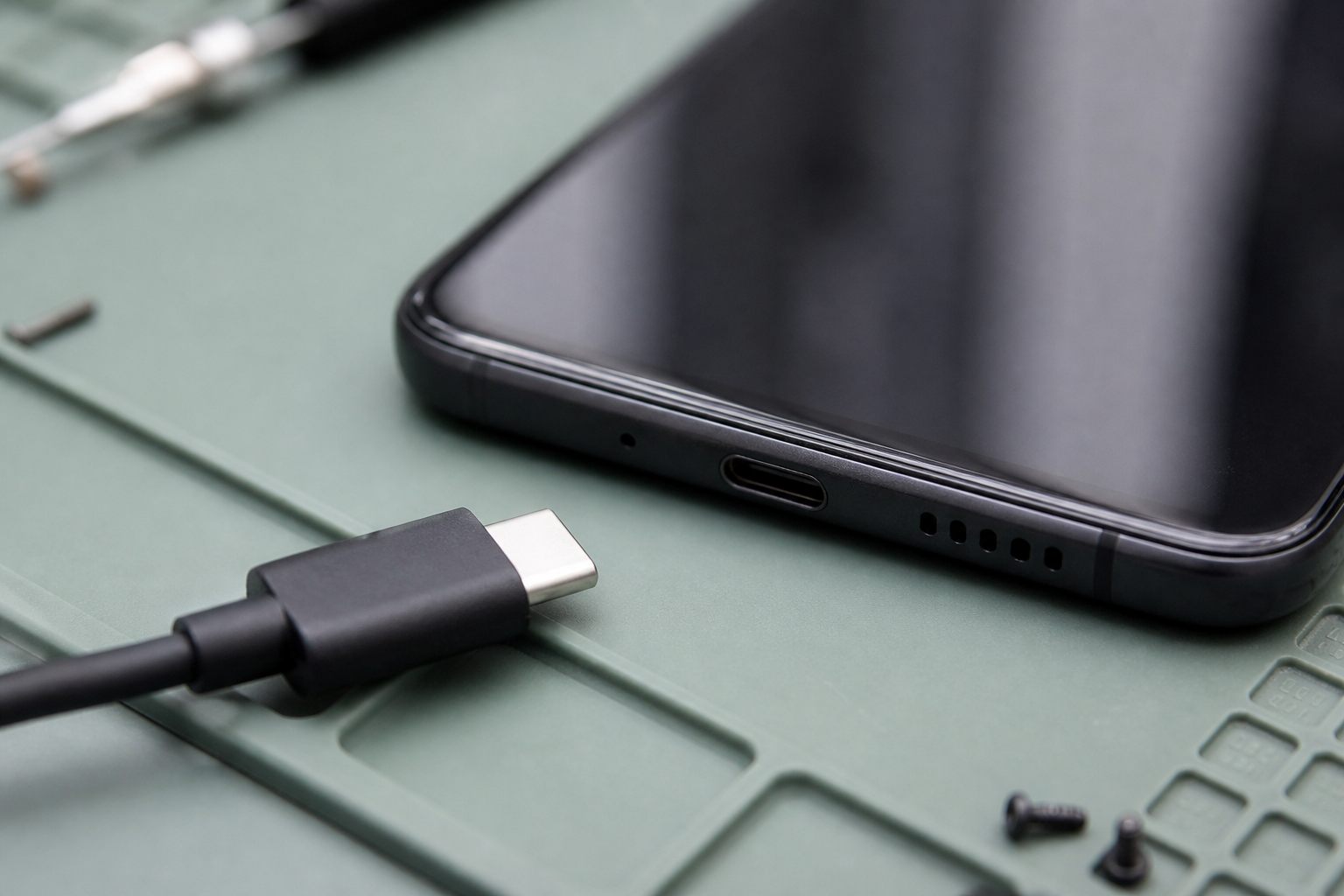 Detalle del puerto USB-C de un OPPO Reno 12 FS con cable de carga