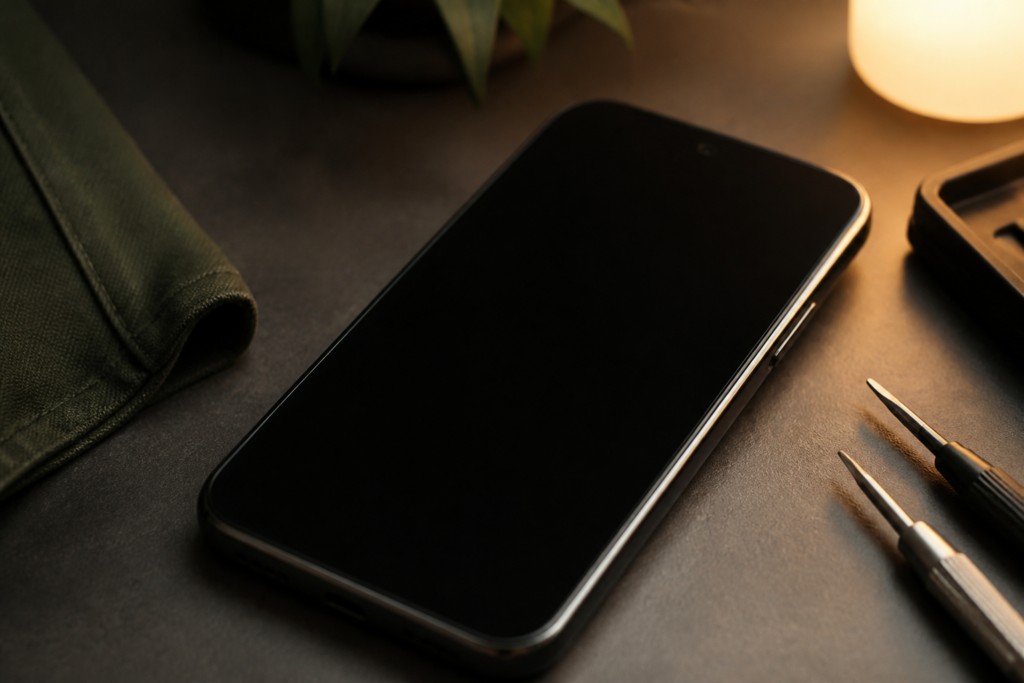 Persona sosteniendo un OPPO Reno 12 FS con la pantalla completamente negra