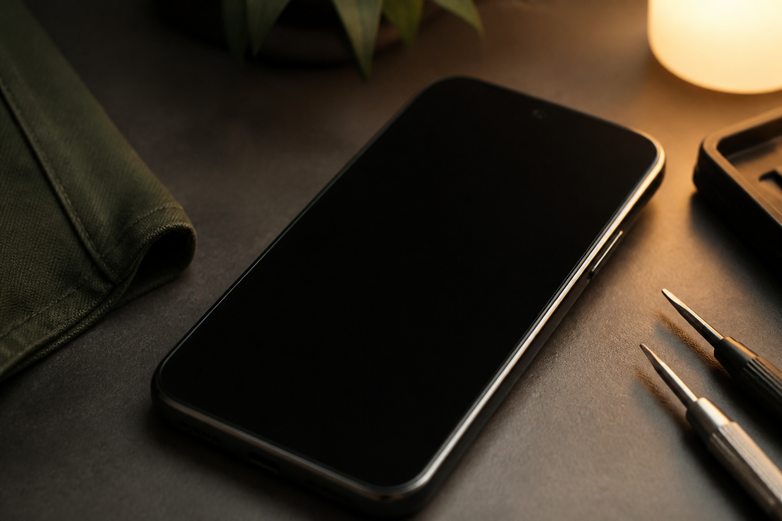 Persona sosteniendo un OPPO Reno 12 FS con la pantalla completamente negra