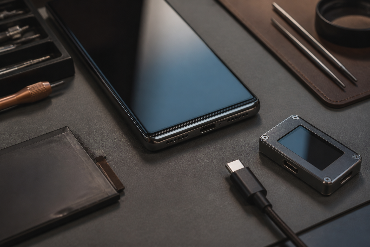 OPPO Reno 13 5G en el centro con cable USB-C ilustrando diagnóstico de batería o conector