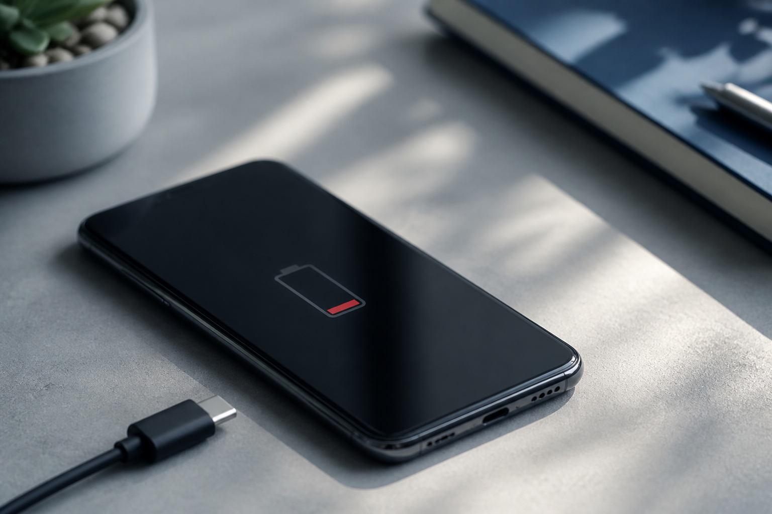 OPPO Reno 13 5G sobre una mesa con cable USB-C y batería baja