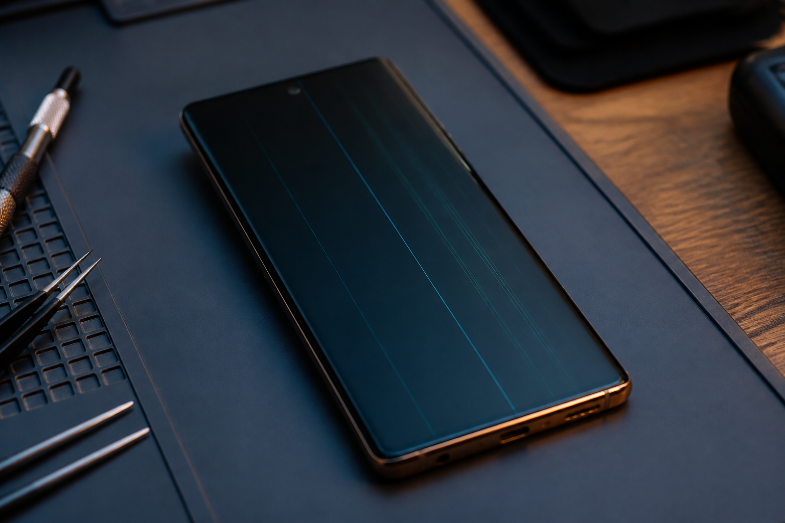 Pantalla de OPPO Reno 13 5G con líneas sobre esterilla de reparación