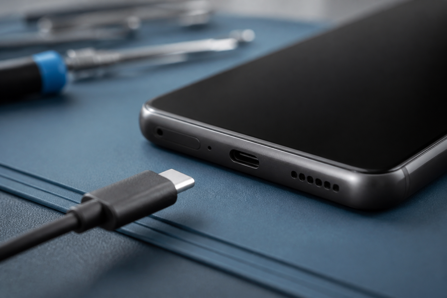 Detalle del puerto USB-C de un OPPO Reno 13 5G con cable de carga